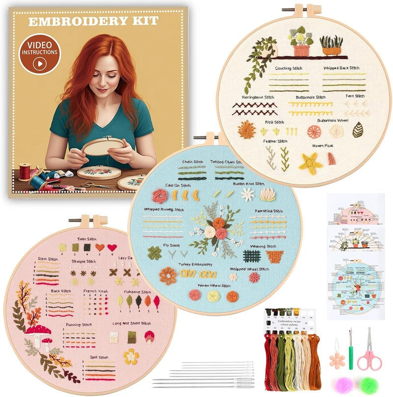 JOINRUN Beginner Embroidery Kit for Adults, 3 Pack Cross Stitch Kits with Pre-Printed Patterns, Threads, Needles, Learn Stitches with 7.8" Hoop, Video Tutorial, DIY Needlework Craft Gift for Women - Image 1